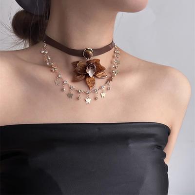 Diamond Leather Tiger's Eye Stone Butterfly Flower Pendant Necklace Personalized Retro Light Luxury Neck Chain Niche Temperament Jewelry Women