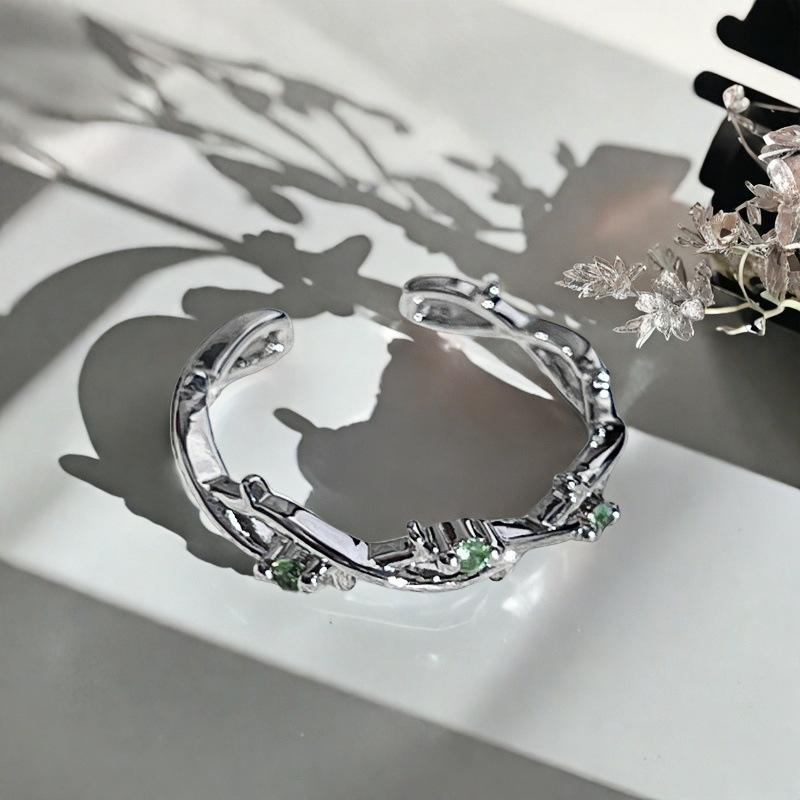 Spring And Summer Color Treasure Olive Green Zir*****Pen Ring Branches Flowers Full Of Diamonds High-End Light Luxury Personality Ring