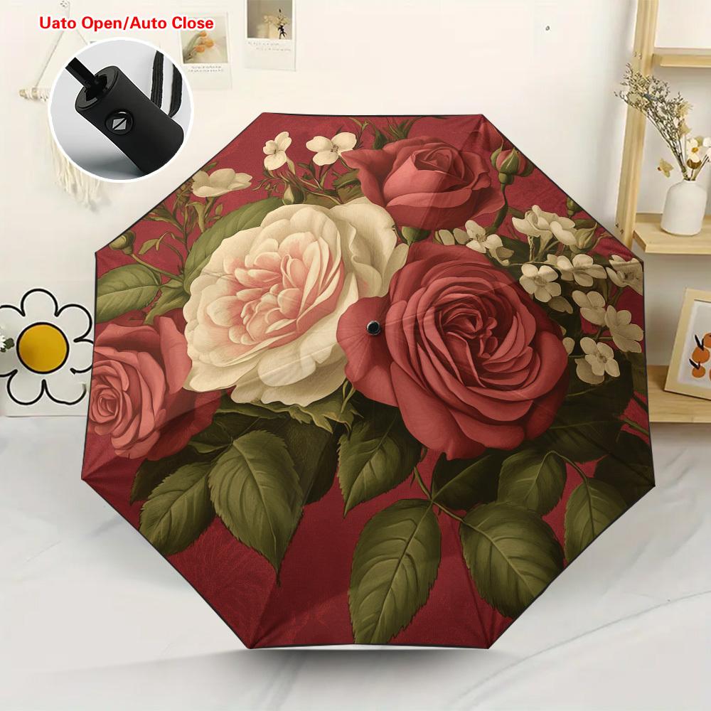 

1pc Vintage Roses Themed Automatic Folding Umbrella | Filtering, Thickened Reinforced Frame, 8 Ribs, Pongee and Plastic Materi Iron&8K