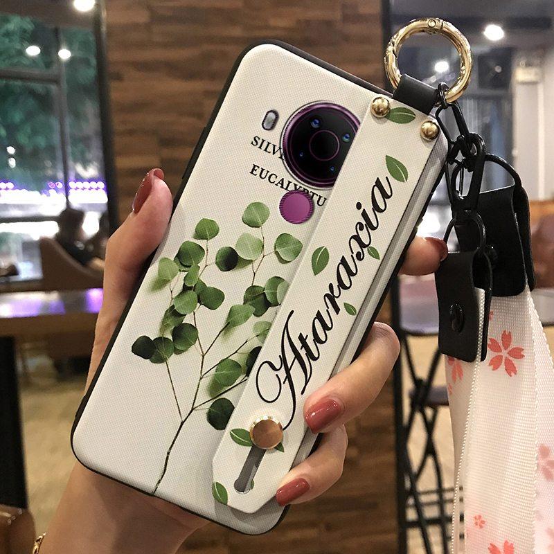 Back Cover Anti-dust Phone Case For Nokia 5.4 Wrist Strap Anti-knock Kickstand Shockproof Wristband Flower Phone Holder