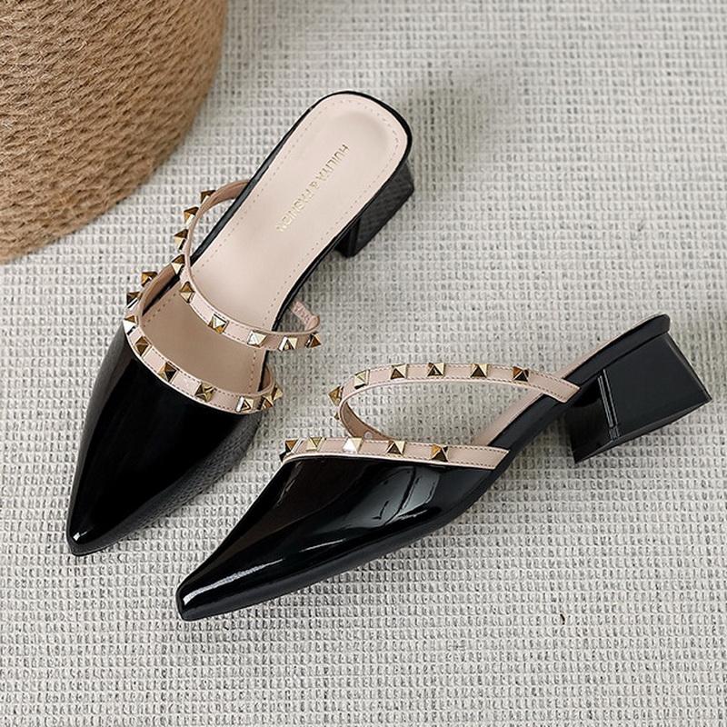 

Women Rivet Thick Heel Slide Sandals Pointed Toe Mid-heel Summer Sandals Covered Toe Fashion Slippers Sandalias Para Mujeres 40 чорний