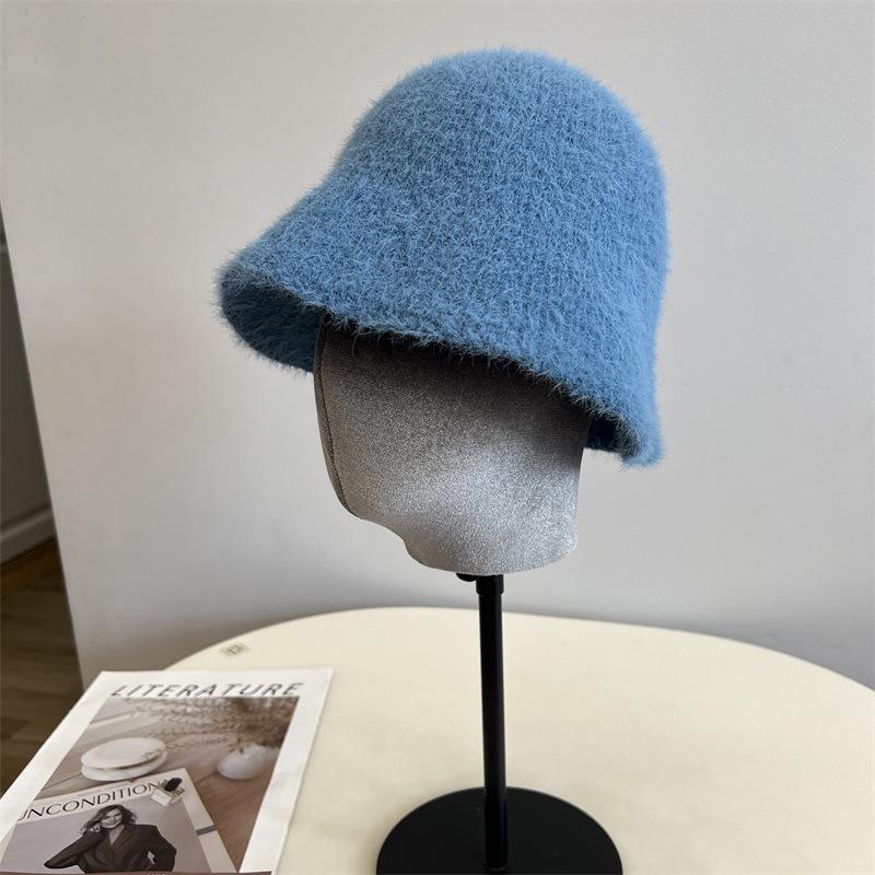 New Imitation Mink Knitted Vertical Striped Bucket Hat Women's Simple Solid Color Warm Fisherman Hat Trendy