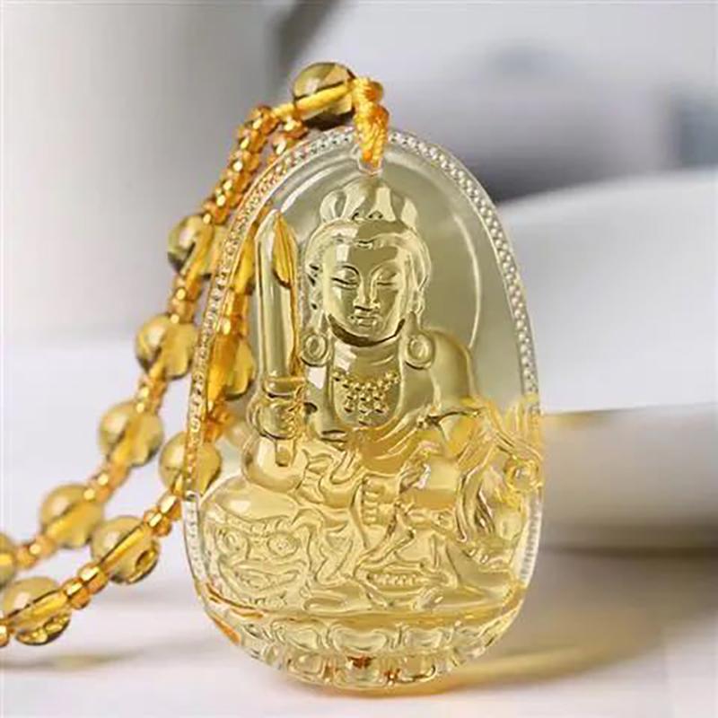 Yellow Crystal Necklace Long Sweater Chain Manjushri Pendant Amitabha Pendant Unisex Gift