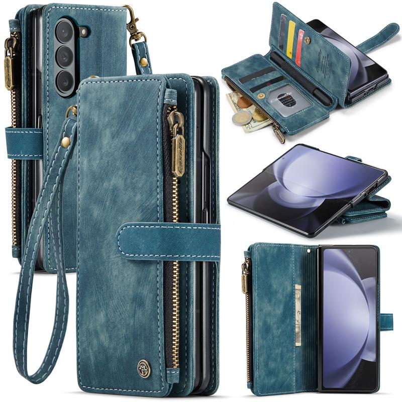 Business Retro Wallet Leather Flip Case For Samsung Galaxy Z Fold5 Fold 4 Z Fold 3 Coin Purse Zipper Wrist Strap