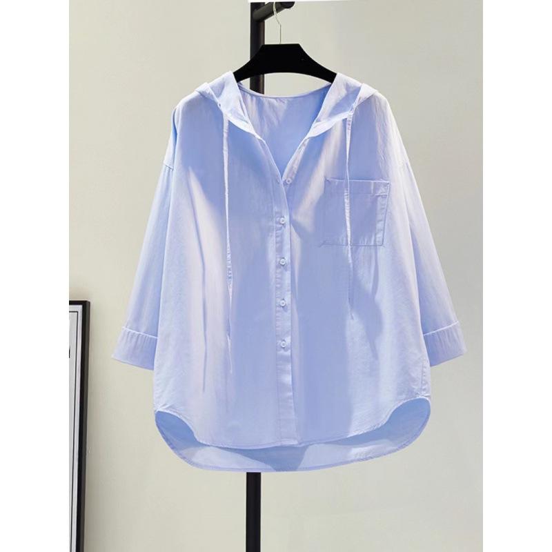 Top Oversize Manica Lunga Moda Coreana Camicetta Bianca Camicia Donna Felpa con Cappuccio Casual Cotone Bluse