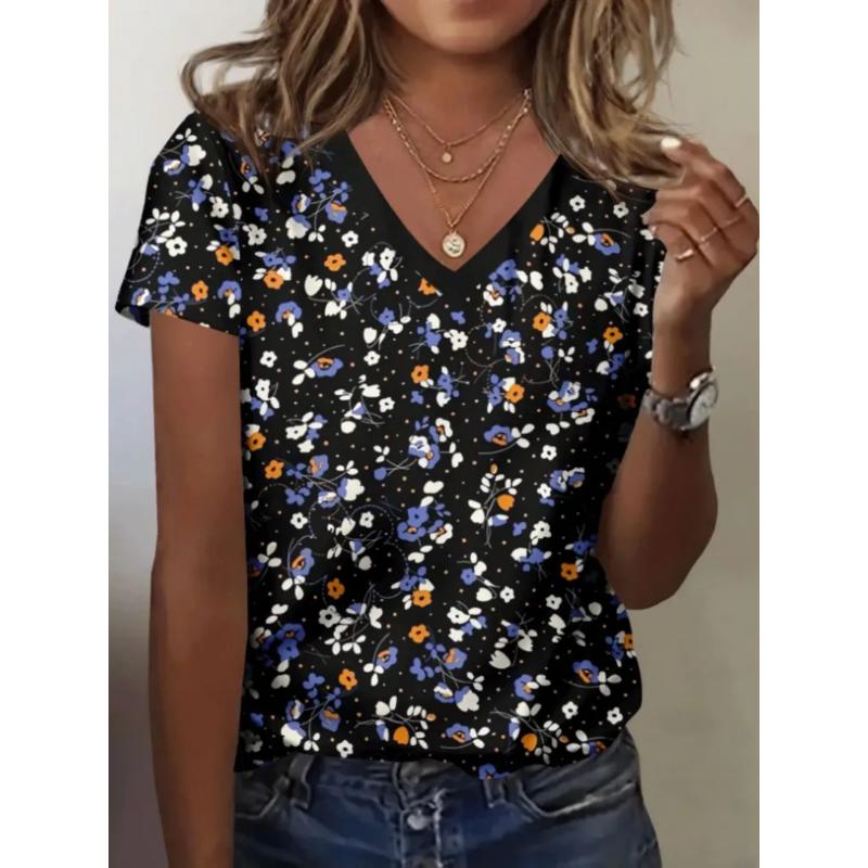 Fashion Women's V-Neck Short Sleeve 3D Flower Color Printing V-Neck Flower Short Sleeve