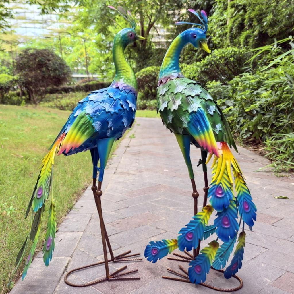 Peacock Garden Statue Colorful Metal Realistic for Courtyard