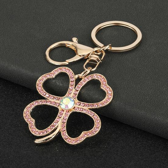 Keychain Pendant Rhinestones Four Leaf Clover Design Zinc Alloy Key Chain with Lobster Clasp Easy to Hang Key Holder Backpack Car Accessory