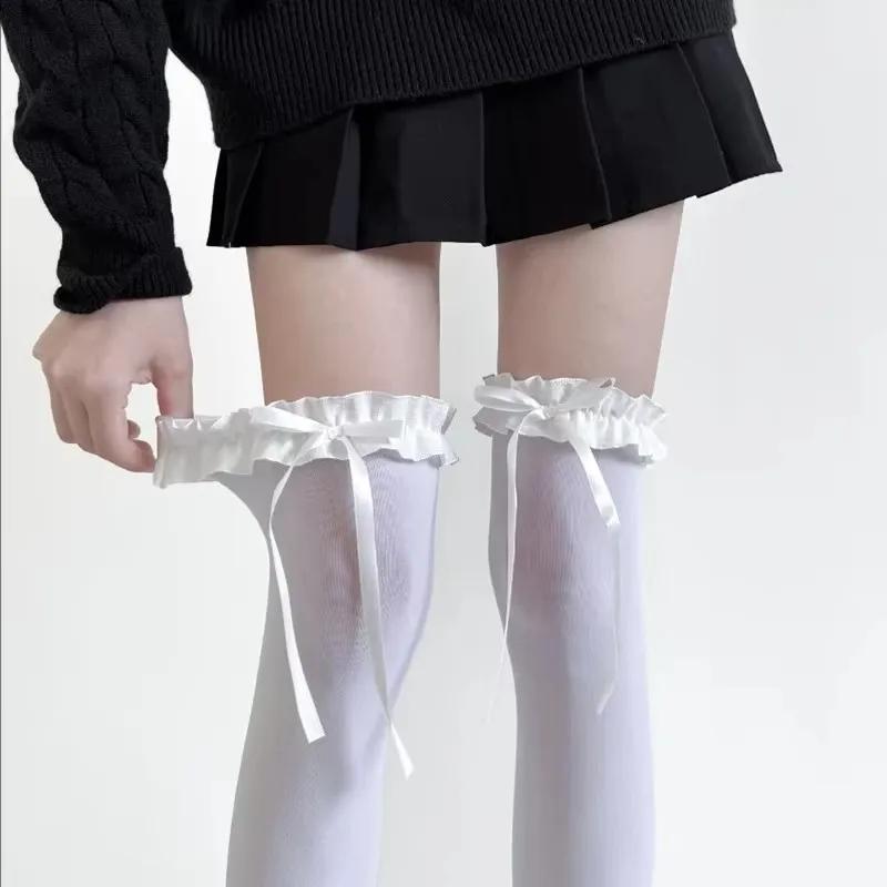 Women Lace Black White Ruffle Long Socks Women Girls Sweet Stockings JK Lolita Nylon Lace Leggings Over The Knee Bowknot Hosiery