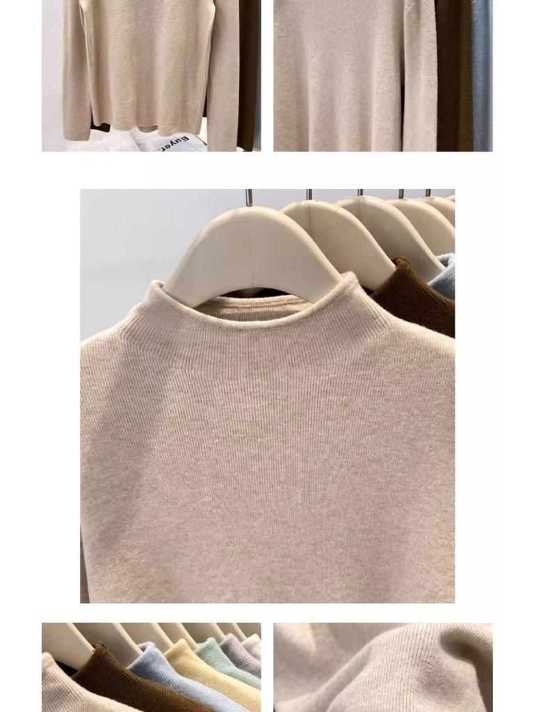 Women's High-End Slim Fit Long Sleeve Knit Sweater – Soft Semi-High Neck Base Layer for Autumn/Winter