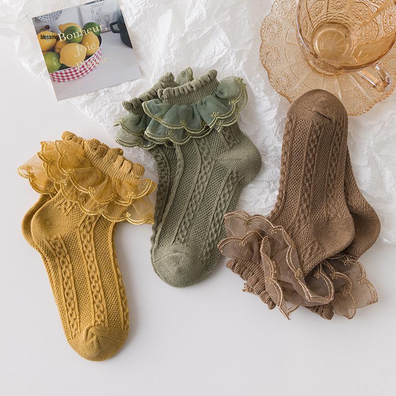 Lolita Lace Cotton Princess Socks for Girls - Black Dance Socks for Spring, Autumn, Winter