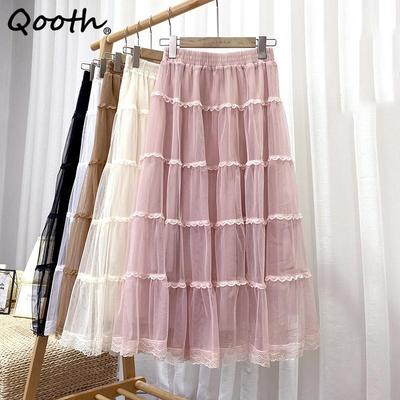 Women Casual Solid Color Lace Tulle Skirt Elegant Elastic Waist Cake Mesh A-line Skirt For Spring Summer QT2427