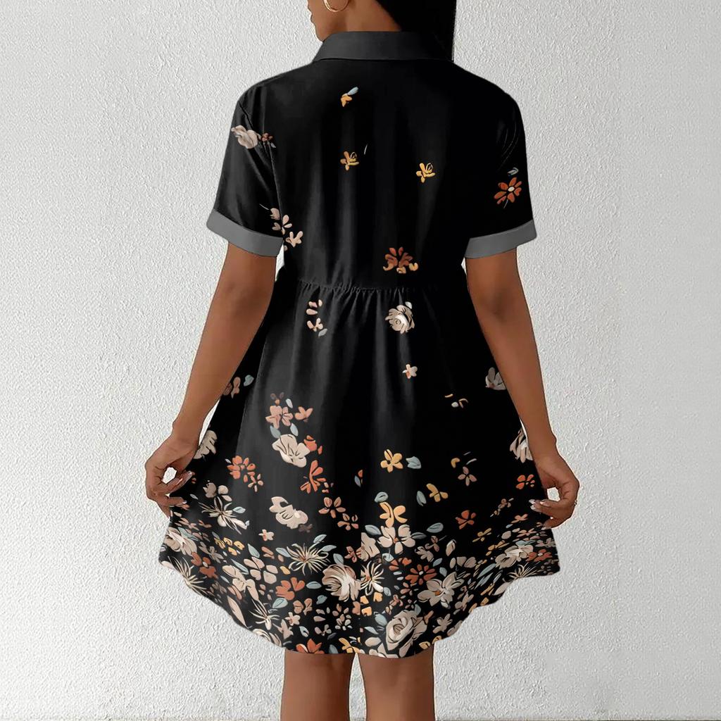 Women’s Casual Loose Fit Shirt Dress Button Down Stand Collar Short Sleeve Relaxed Tunic Dress with Geometric Print