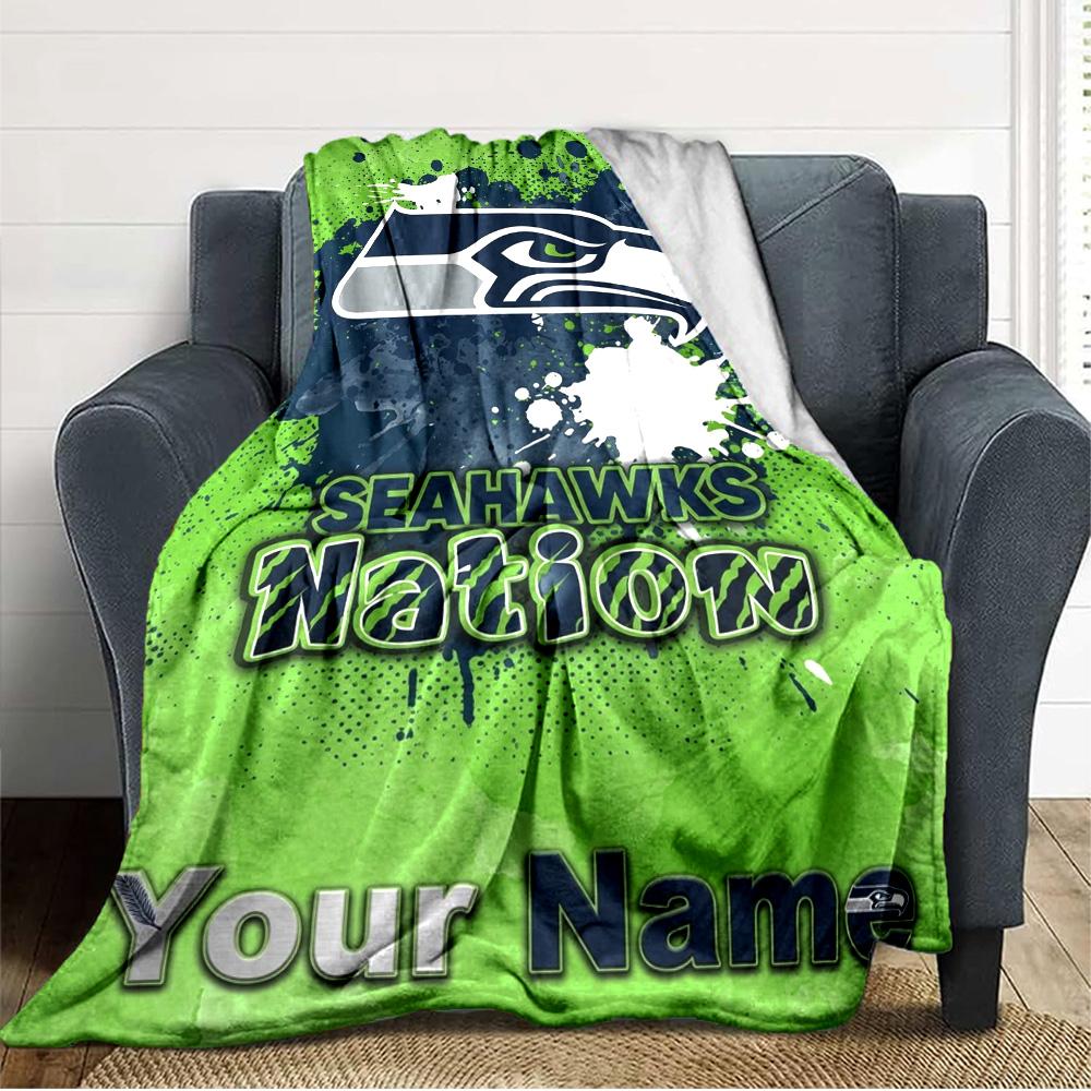 Name Custom Seattle Seahawks Logo Print Flannel Blanket High Quality Warm Comfortable Cover for All Seasons Perfect for Gifts Home Decor