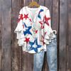 Women's Fashionable Casual Button-Down V-Neck Three-Quarter Sleeve Independence Day Printed Shirt Top