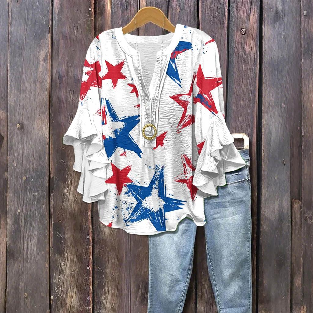 Women's Fashionable Casual Button-Down V-Neck Three-Quarter Sleeve Independence Day Printed Shirt Top