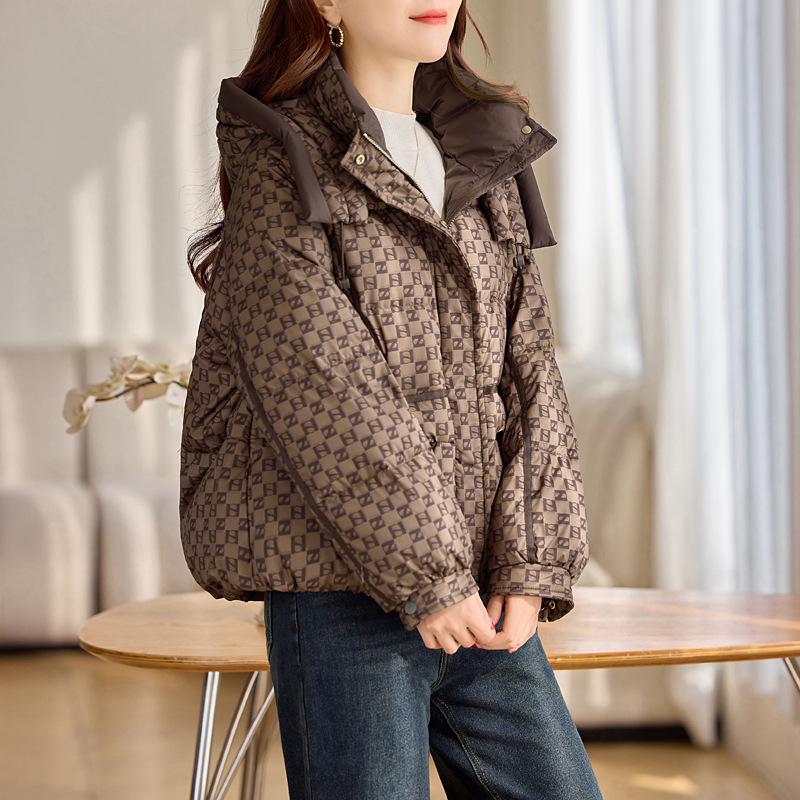 

2024 Женский Зимний Пуховик Петит - Короткий, Модный Принт Перья, Утолщенный Пух Белой Утки Medium