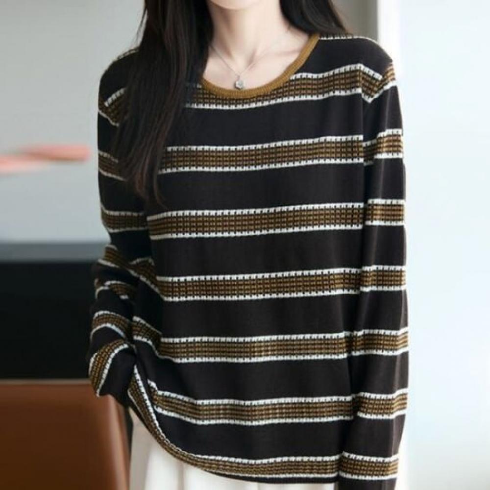 Navava Nk3218 Striped Point Round Neck Long Sleeve Knit Tee