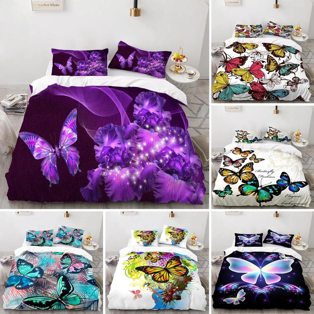 Butterfly Duvet Cover Set 3D Galaxy Purple Butterfly Floral Printed Bedding Set Fantasy Theme King Size Comforter Cover for Girl