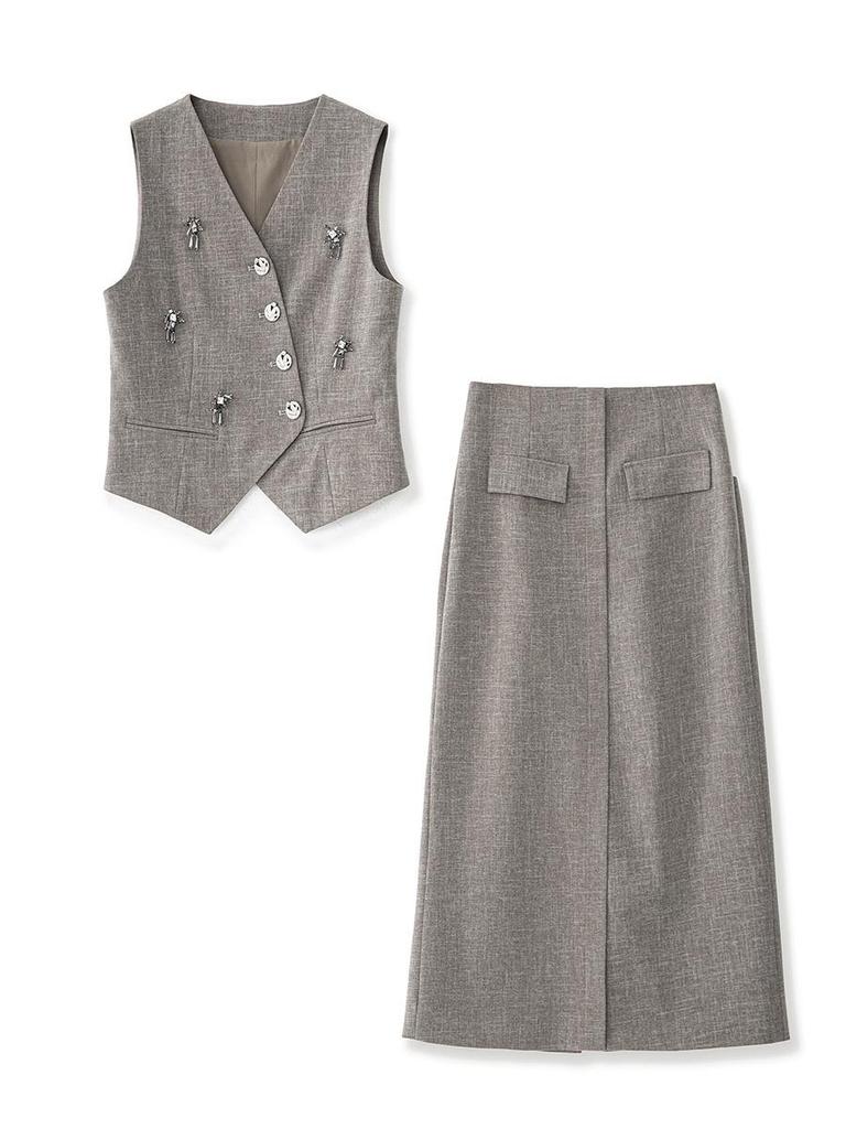 Old Money V-neck Button Vest & Fashionable Midi Skirt Two-piece Set