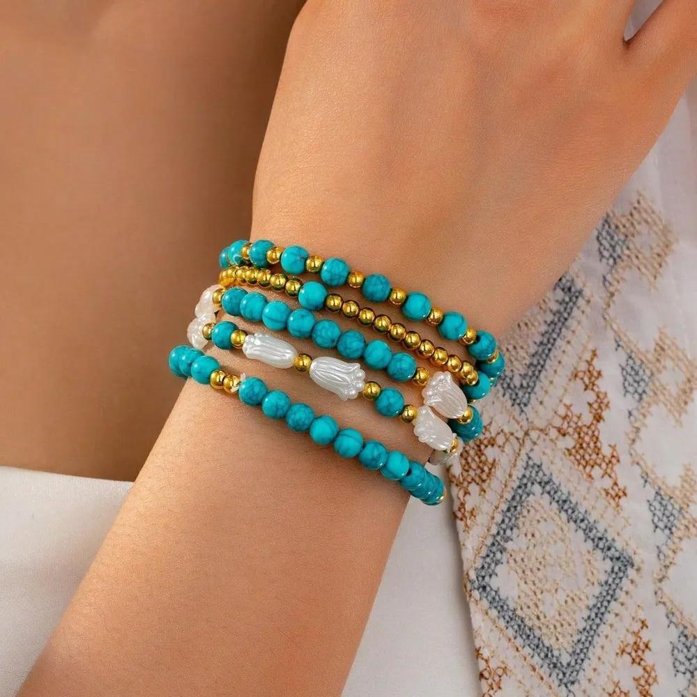 Bohemian Flower Beaded Bracelet Set of 5 for Women Trendy Layering Jewelry One Size