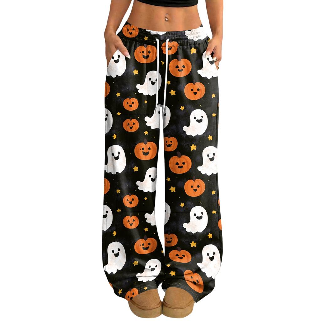 Damskie spodnie z nadrukiem na Halloween, luźny krój, w pasie na sznurek, szerokie nogawki, do codziennego noszenia