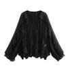 Women's V Neck Long Sleeve Ruffle Chiffon Blouse Loose Fit Lantern Cuff Single Breasted Flowy Shirt Spring Casual Top