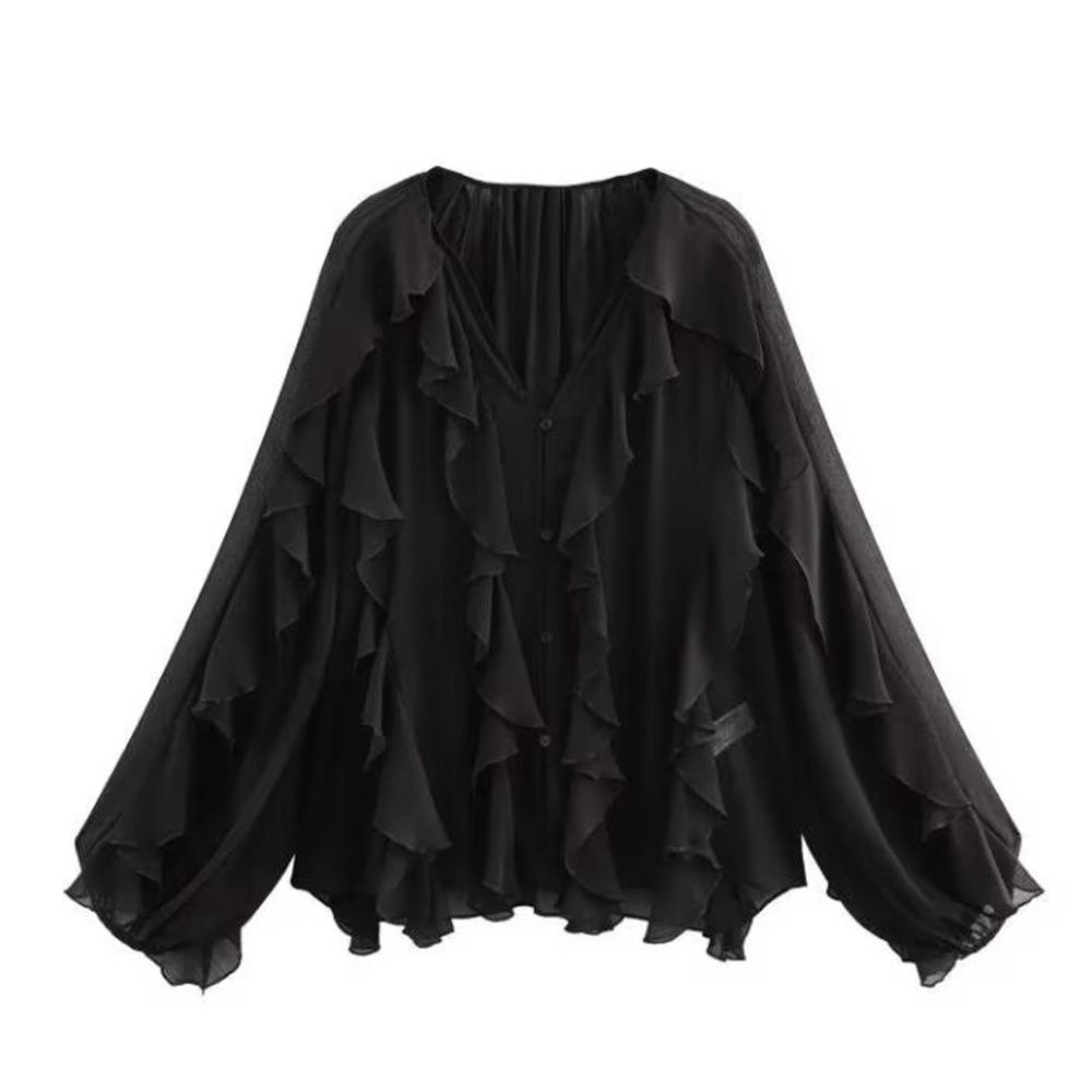 Women's V Neck Long Sleeve Ruffle Chiffon Blouse Loose Fit Lantern Cuff Single Breasted Flowy Shirt Spring Casual Top