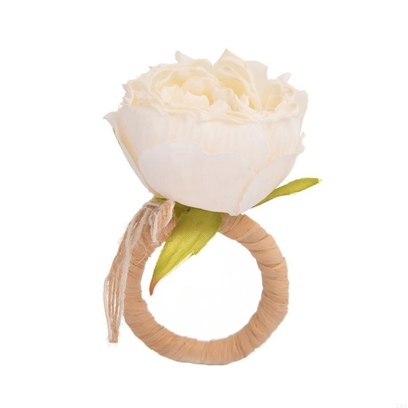 6Pcs Handmade Silk Flower Napkin Rings Rose Napkin Ring Serviette Buckles Holder X3UC
