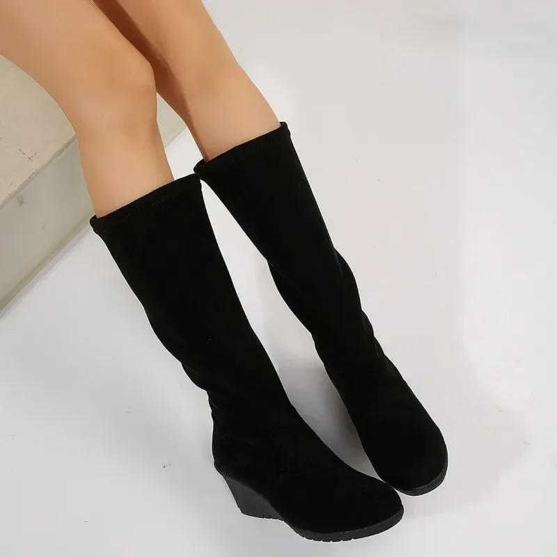 Frühlings Damen Übergröße Keilschuhe Mode Slipper und Wadenhohe Stiefel Retro Lässige Reitstiefel für Damen Hohe Absätze Botas Mujer