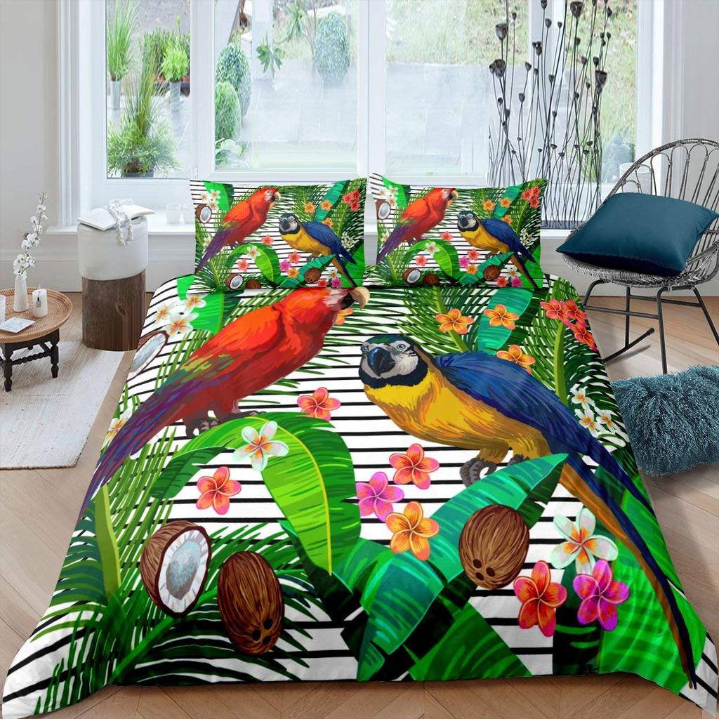 Parrot King Queen Duvet Cover Colourful Feather Bedding Set Rain Trees Bird Quilt Cover Sunset Mountain Natural Comforter Cover