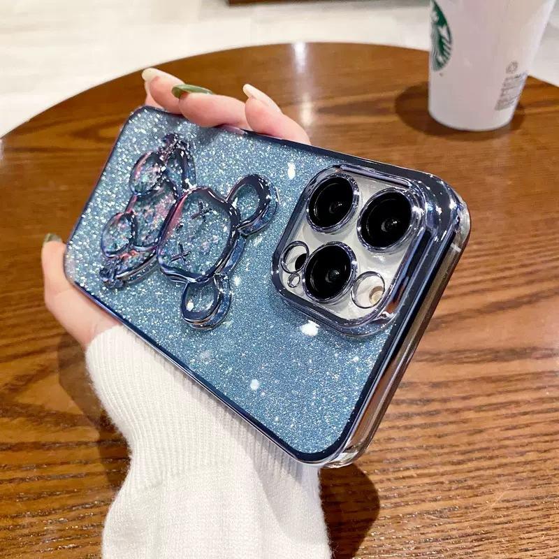Electroplating quicksand violent bear is suitable for iPhone17 mobile phone case with glass lens film Apple 16 transparent soft case