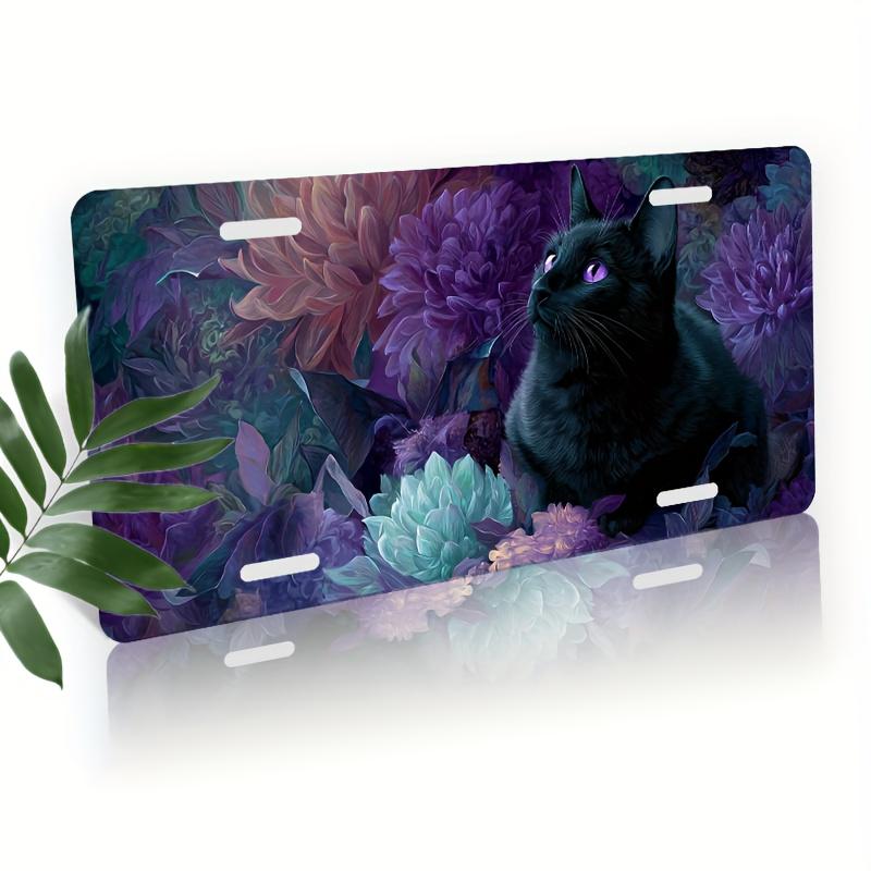 D Flat D Flat Car P License Plate Cover and Frame Black Cat Among Purple Flowers Decor On Front Decorative License Plate Co