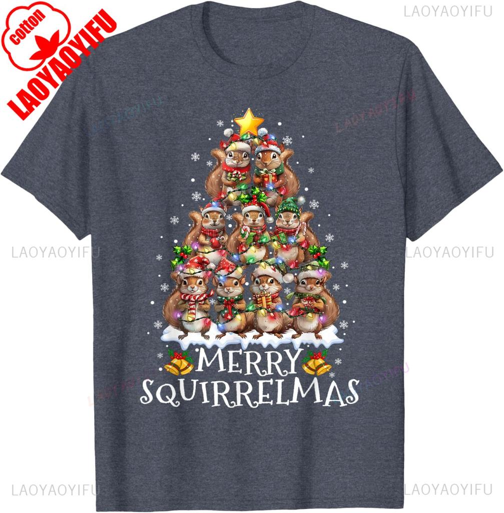 Funny Lovely Cartoons Squirrel Christmas Tree Lights Merry Squirrelmas Santa Xmas Crewneck Tops Tee Shirt Short Unisex Adult