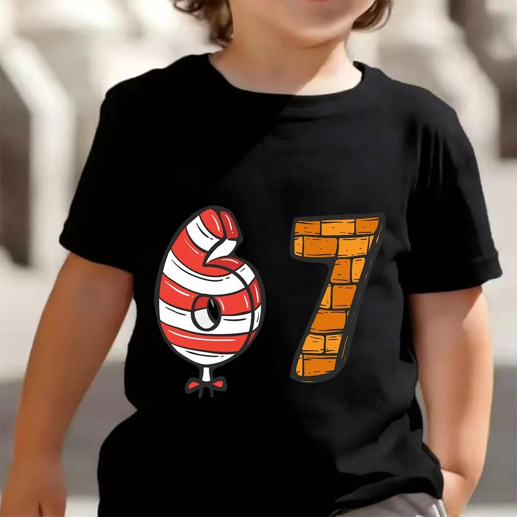 Cute Meme T-Shirt for Boys Girls Childrens Six Seven Funny Kids Y2k Tees Tops 67 Brainrot Print Round Neck Short Sleeve T Shirt