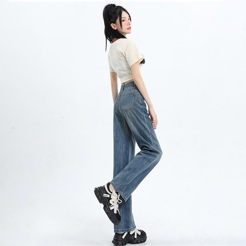 Retro Straight Jeans for Women In Spring and Summer New High-waisted Slim Loose Draped Wide-leg Floor Trousers