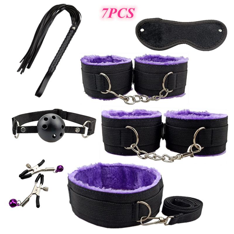Sexy Nylon BDSM Kits Plush Sex Bondage Set Handcuffs Sex Games Whip Gag Nipple Clamps Sex Toys For Couples Exotic