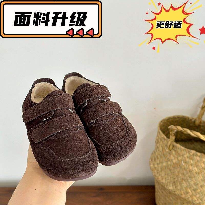 Korean Children's Birkenstocks, Boys' Winter Velvet Casual Shoes, Velcro Retro Girls' Two Cotton Shoes, Warm and Non-slip