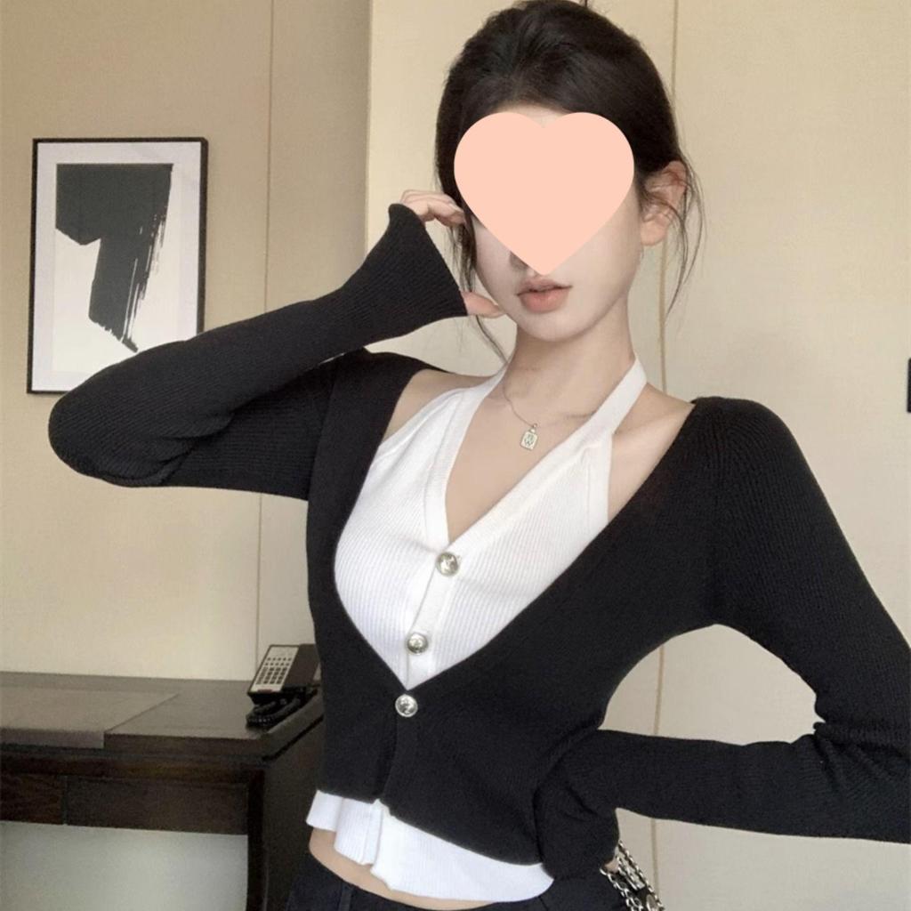 V-Neck Patchwork Knit Cardigan - Women's Early Autumn Slim Fit Sweater