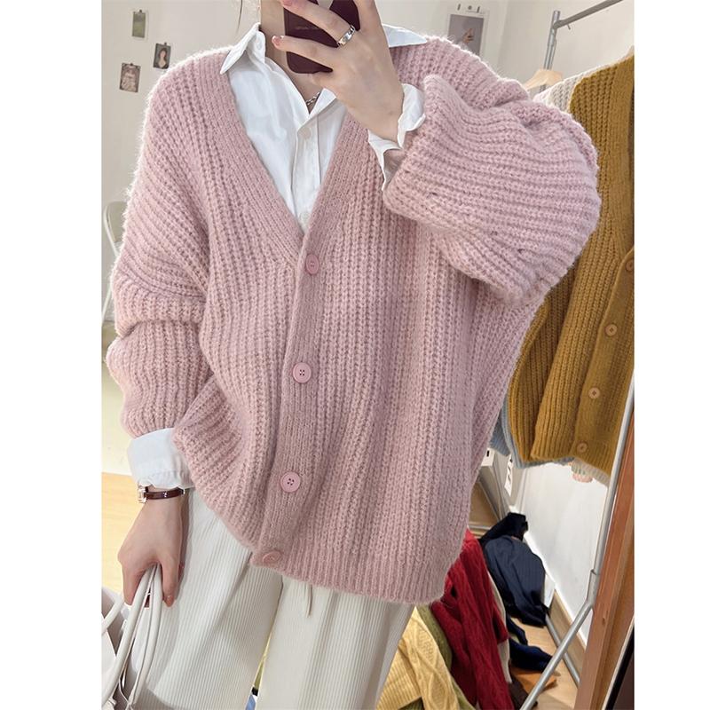 

Повседневный кардиган из рыхлой вязки для женщин, с V-образным вырезом, длинными рукавами, свободный, ленивый свитер-пальто, мягкий, модный, однотонный кардиган L коричневый