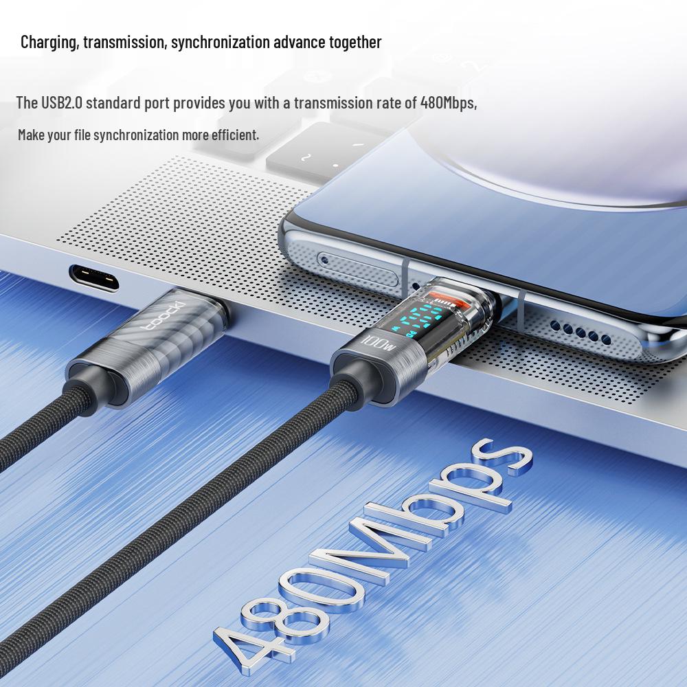 Toocki 100W C-C Super Fast Charging Transparent Display Data Cable for Huawei, Apple, Xiaomi.