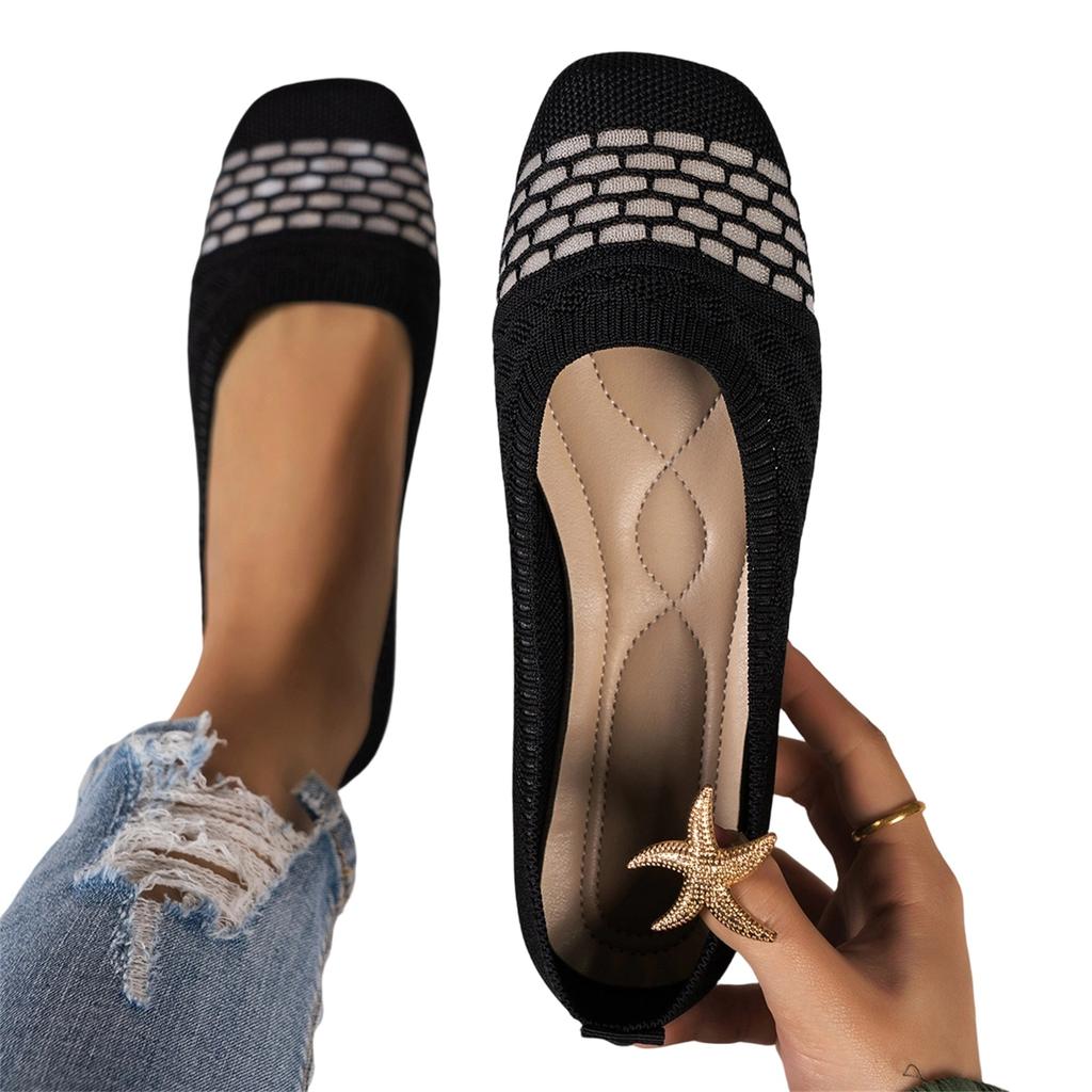 Breathable Wide Fit Square Toe Casual Flats for Women Slip On Lightweight Flexible Knit Upper Comfortable Walking Shoes
