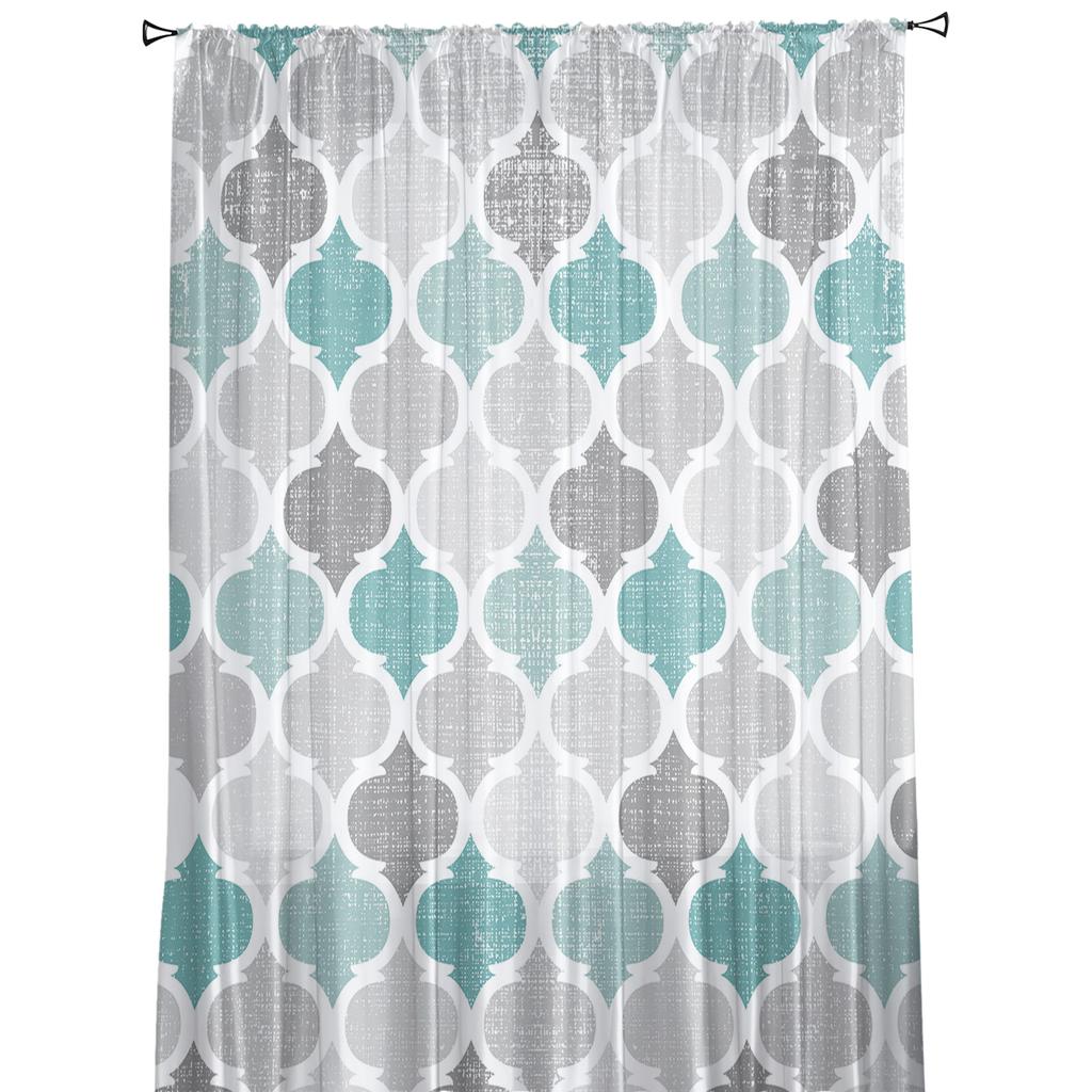 Turquoise Grey Geometric Moroccan Retro Tulle Curtain Voile Transparent for Bedroom Living Room Kitchen Sheer Window Curtains