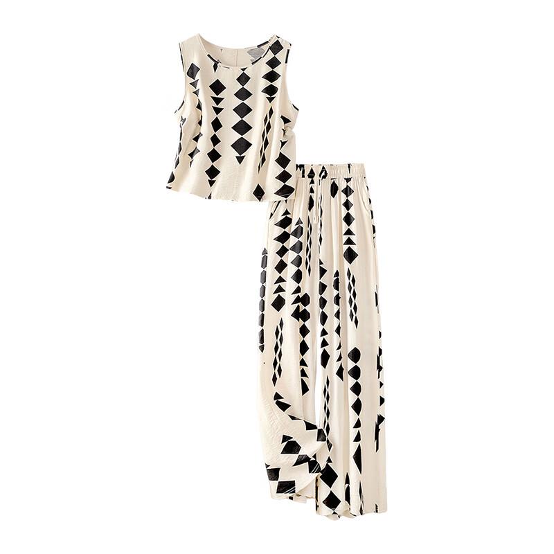 

Women s Summer Printed Vest & Wide-Leg Pants Set L