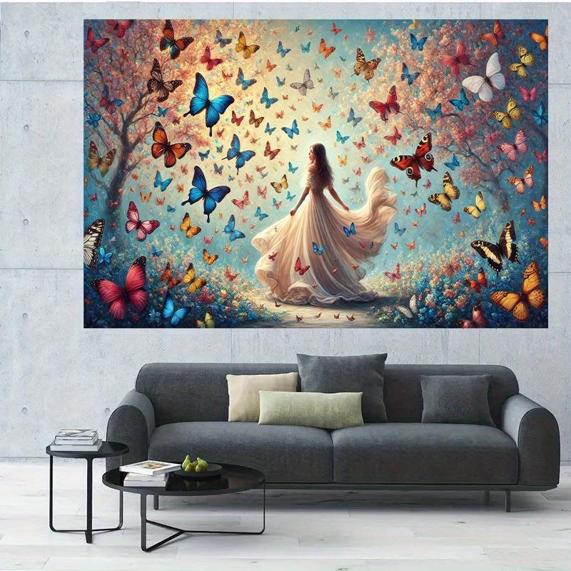 2D Plane, One Ethereal Butterfly Girl, Solemn Garden Scene, Vibrant Butterflies and Flowers Adorning It