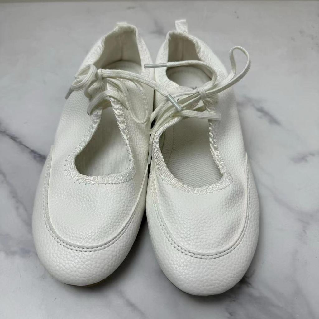 Fashion Soft Leather Casual Women Ballet Flats Lace Up Fashion Design White Black Female Mary Jane Shoes New 2024 Autumn Footwear