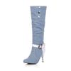 Fashion XJRHXJR Plus Size 34-43 Pointed Toe Women Spring Autumn Winter High Heels Denim Knee High Boots Lady New Fashion Jean Long Boots