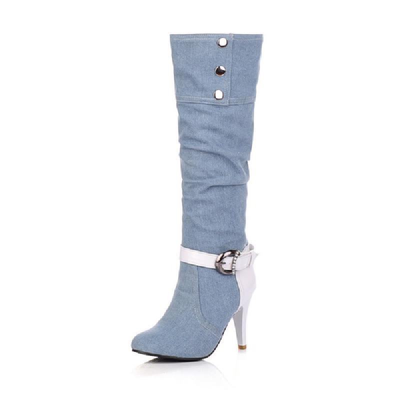 Fashion XJRHXJR Plus Size 34-43 Pointed Toe Women Spring Autumn Winter High Heels Denim Knee High Boots Lady New Fashion Jean Long Boots