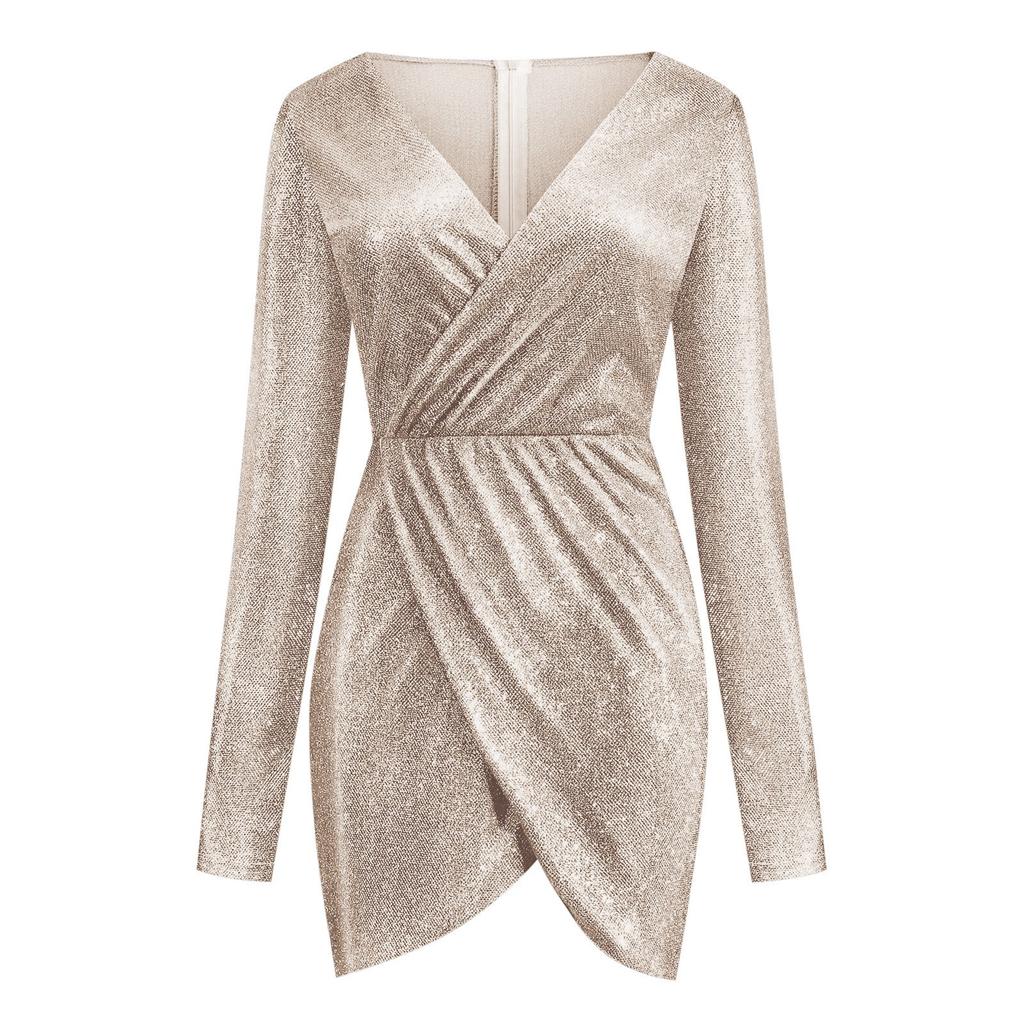 Women's New Solid Color V-Neck Sexy Sequined Lace Mesh Stitching Hem Slit Dress