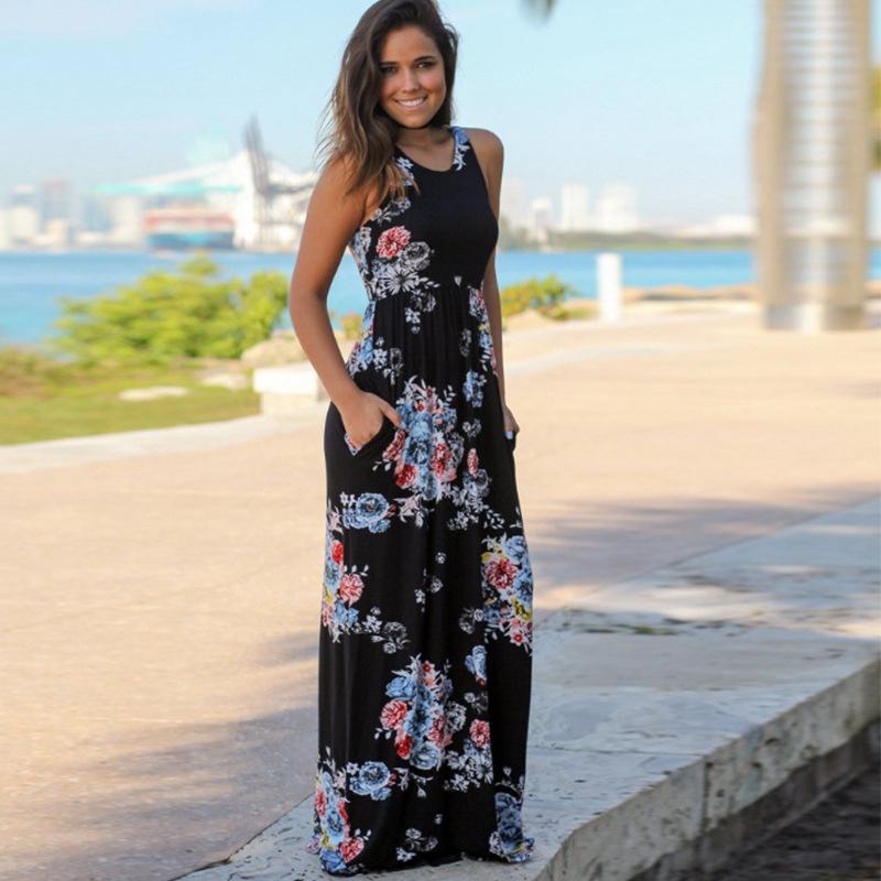 Elegantes Damen Sommer Boho Kleid Floral Ärmellos Strand Maxi Lang Sommerkleid Für Jeden Anlass